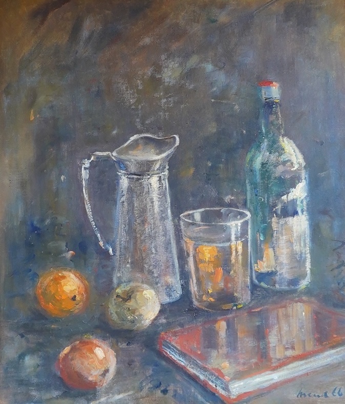 20th century French School, oil on board, still life of fruit, bottle and jug, indistinctly signed, 58x48cm. Condition - fair (warped)